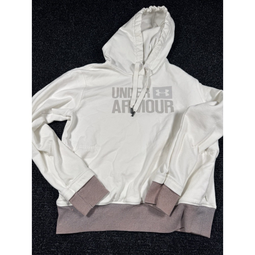 Under Armour Womens Medium Hoodie Cream Mauve Loose Fit Logo Pullover Sweatshirt